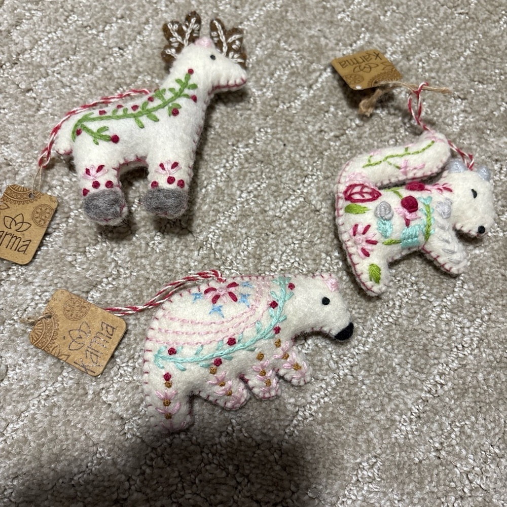 NWT Karma Scandi Felted Wool Christmas Ornaments Squirrel Bear Reindeer Set 3